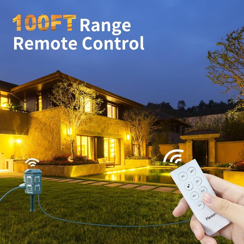 Flexoria Outdoor Power Stake Timer, Remote Control Dusk to Dawn Light Timer, 50FT Extension Cord Waterproof, 6 Grounded Outlets for Outdoor Christmas Decorations, ETL Listed - Image 4